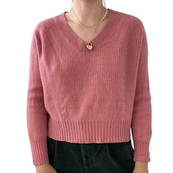 Saks Fifth Avenue Womens Pink 100% Cashmere Soft V Neck Ribbed Sweater Sz L - Picture 7 of 7